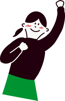 左手をあげてやる気に満ちたような表情の女性のイラスト