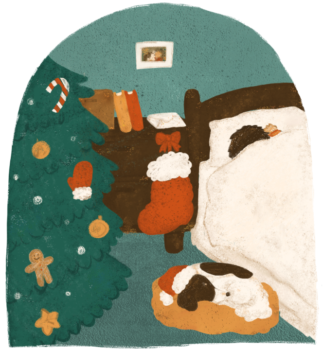 大きな靴下を準備し、クリスマスプレゼントを楽しみに眠る子どもと犬