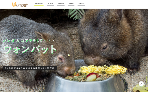 淡いグリーンを貴重としたデザインに、神経衰弱やパズル、スロットのミニゲームを詰め込んだウォンバット紹介サイト